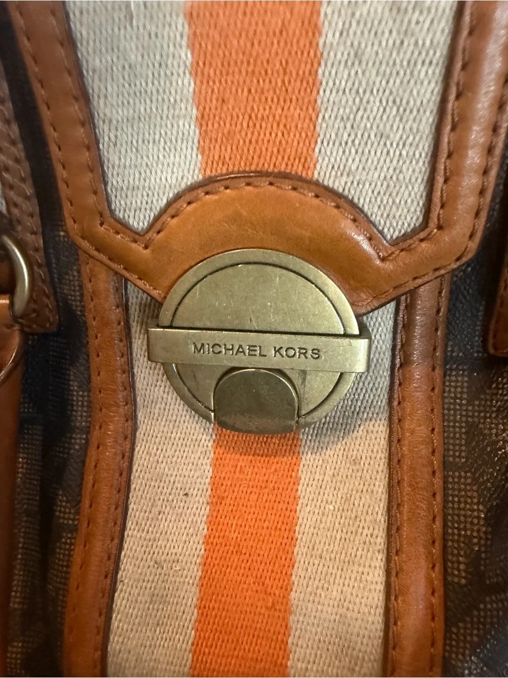 Michael Kors Orange and Cream Stripe Canvas Satchel with Brown Leather Trim